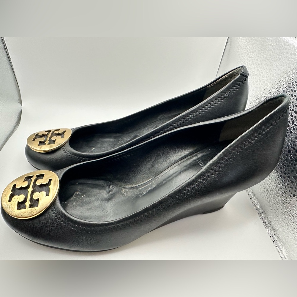 Tory Burch black leather Miller wedges size 7.5